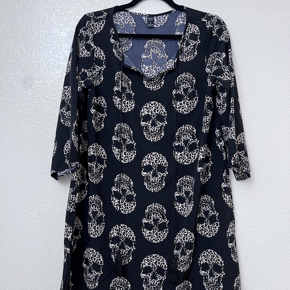 Emery Rose‎ Midi Dress Small Black Leopard Skull Print Gothic Boho Flared Sleeve